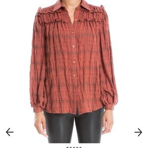 Max Studio Cotton Plaid Feminine Blouse Size S Brown Ruffles Empire Sleeve